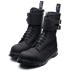 Black Greasy 10 Eye Steel Toe Capped Zip Twin Strap Derby Boot