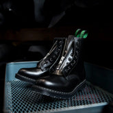 Black Hi-Shine 8 Eye Derby Boot & Zip Guard