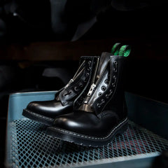 Black Hi-Shine 8 Eye Derby Boot & Zip Guard