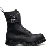 Black Greasy 10 Eye Steel Toe Capped Zip Twin Strap Derby Boot