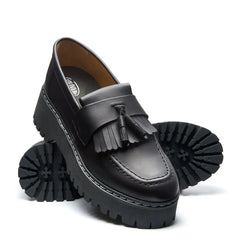 Black Greasy Platform Tassel Loafer