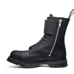 Black Greasy 10 Eye Steel Toe Capped Zip Twin Strap Derby Boot