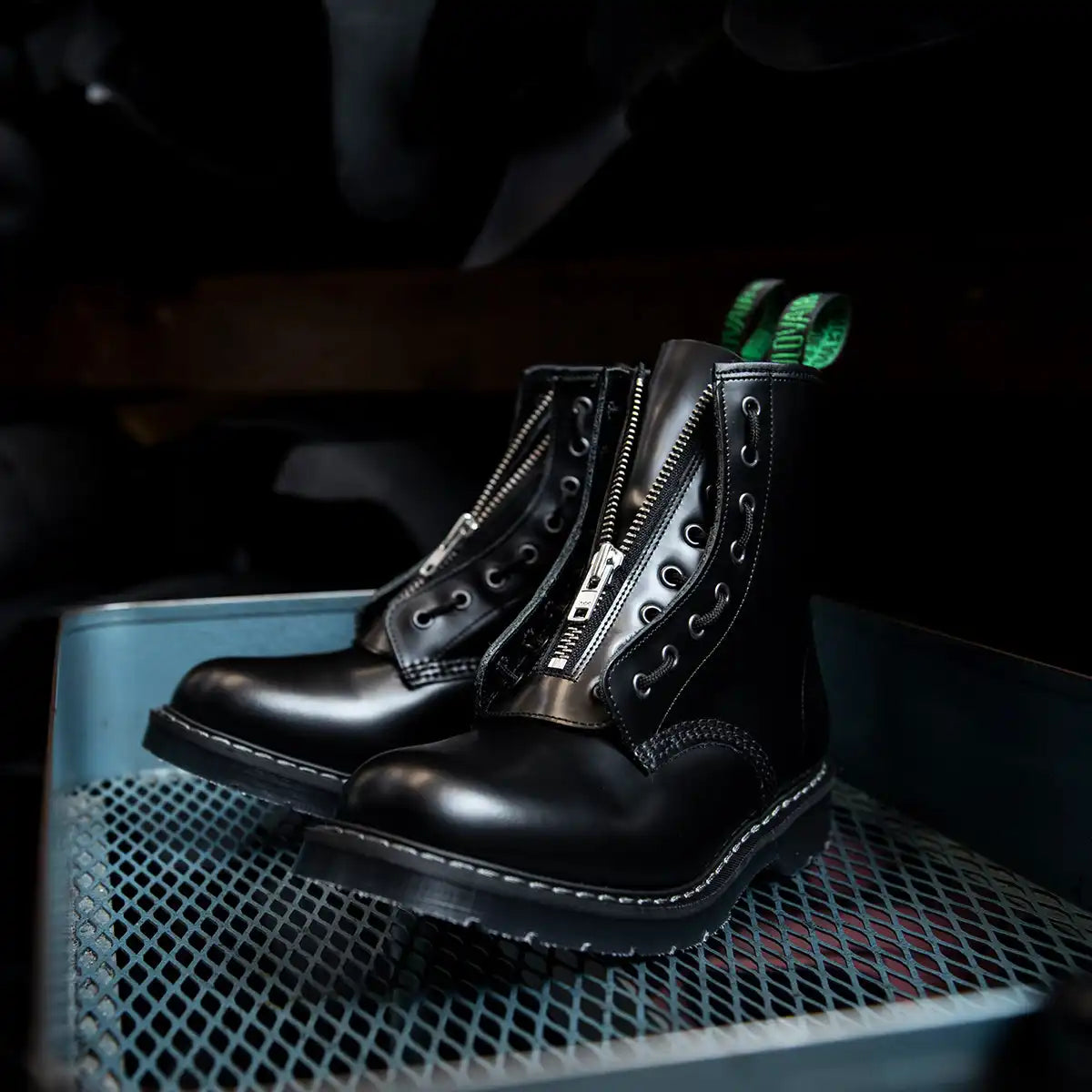 Black Hi-Shine 8 Eye Derby Boot & Zip Guard