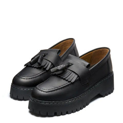 Black Greasy Platform Tassel Loafer