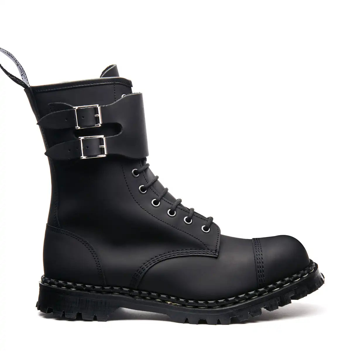 Black Greasy 10 Eye Steel Toe Capped Zip Twin Strap Derby Boot