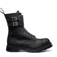 Black Greasy 10 Eye Steel Toe Capped Zip Twin Strap Derby Boot