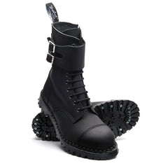 Black Greasy 10 Eye Steel Toe Capped Zip Twin Strap Derby Boot